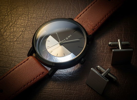 TOMI Dual Contrast Watch – Split Dial with Leather Strap | Timeless Aura Pakistan