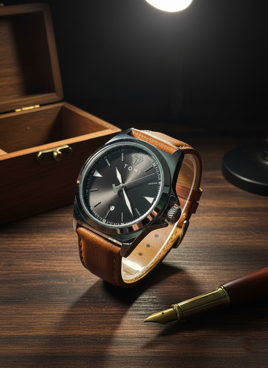 TOMI Everyday Classic Leather Watch with Gradient Dial and Date Display – Timeless Aura Pakistan