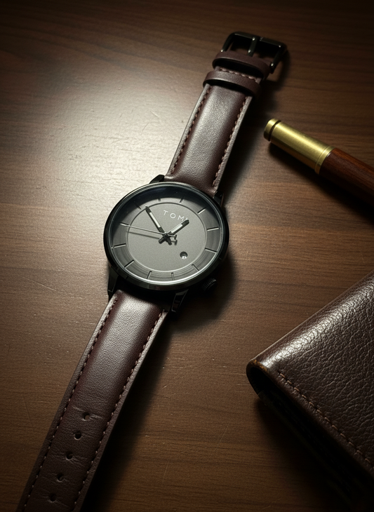 TOMI Classic Matte Watch with Leather Strap and Date Display – Timeless Aura Pakistan