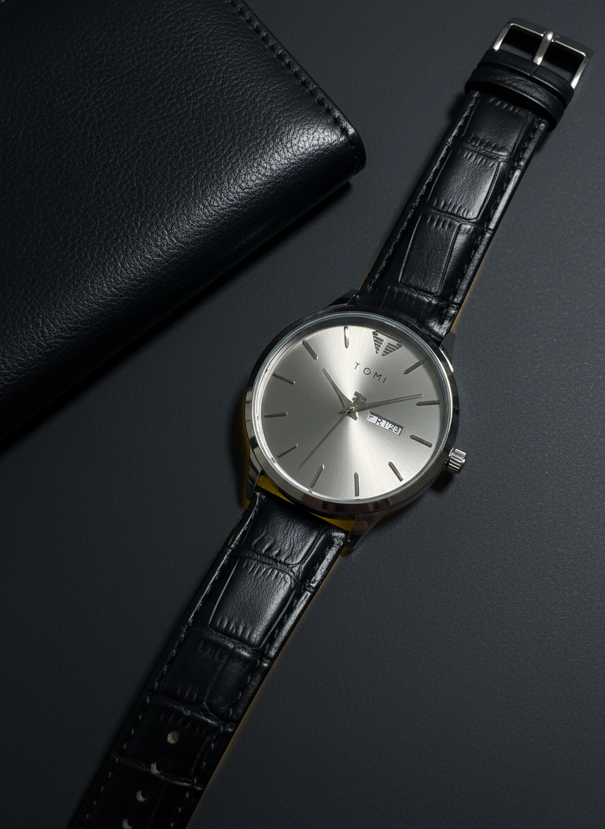 TOMI Classic Sunray Day Date Watch with Leather Strap – Timeless Aura Pakistan