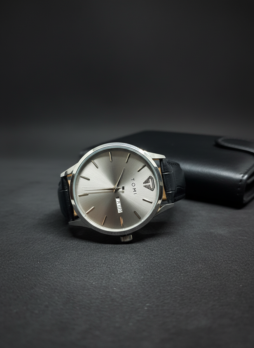 TOMI Classic Sunray Day Date Watch with Leather Strap – Timeless Aura Pakistan