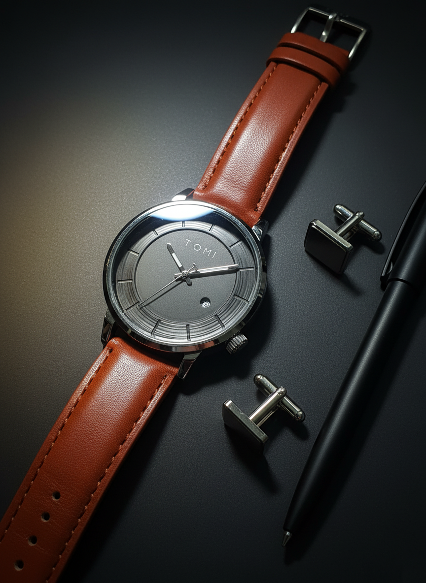 TOMI Classic Matte Watch with Leather Strap and Date Display – Timeless Aura Pakistan