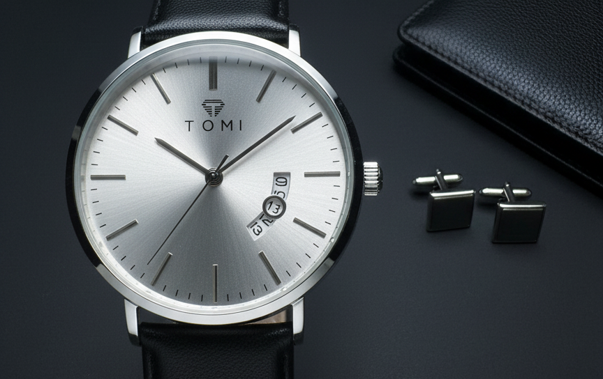 tomi essential round date display leather watch  pakistan