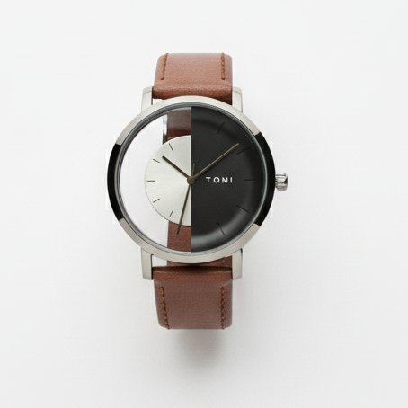 TOMI Dual Contrast Watch – Split Dial with Leather Strap | Timeless Aura Pakistan