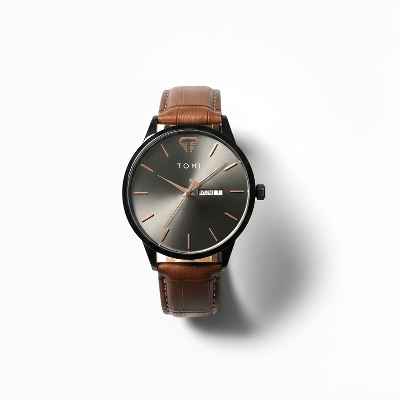 TOMI Classic Sunray Day Date Watch with Leather Strap – Timeless Aura Pakistan