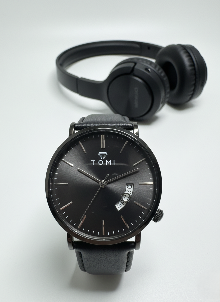 tomi essential round date display leather watch  pakistan