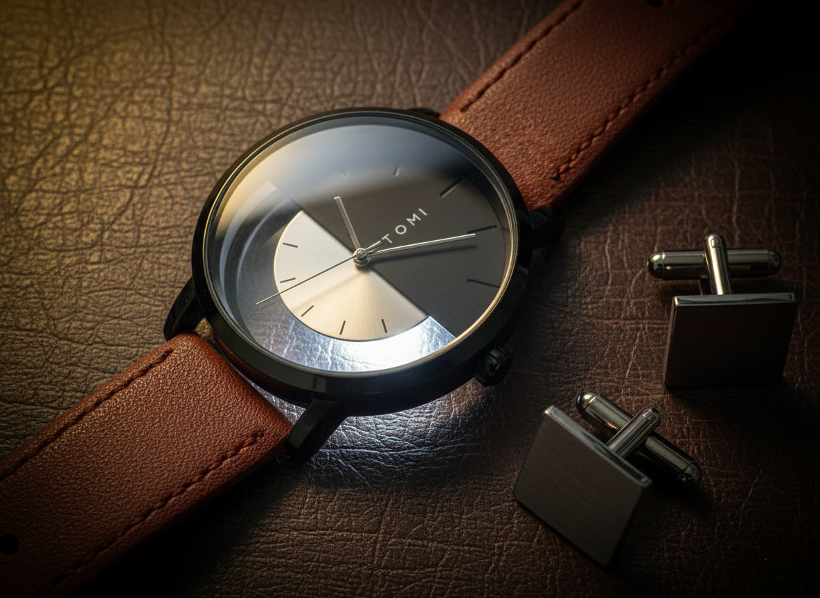 TOMI Dual Contrast Watch – Split Dial with Leather Strap | Timeless Aura Pakistan