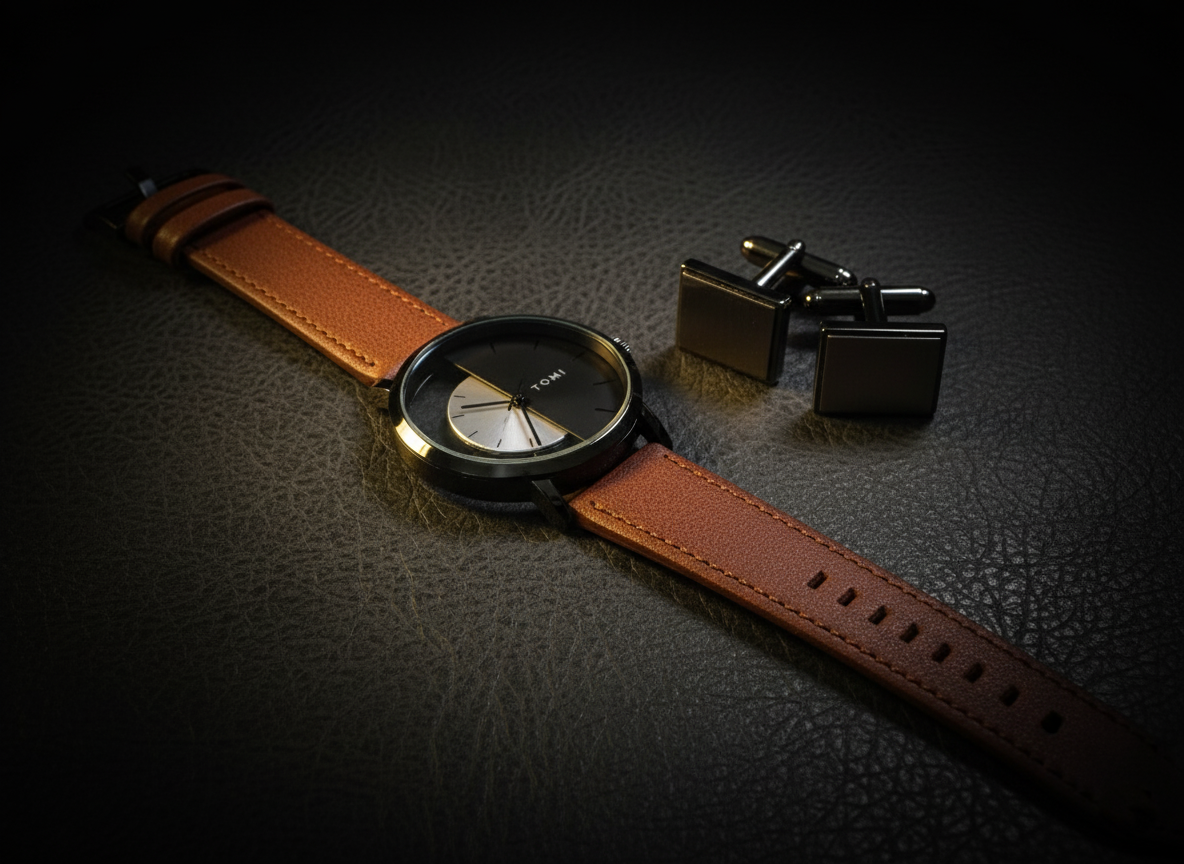 TOMI Dual Contrast Watch – Split Dial with Leather Strap | Timeless Aura Pakistan