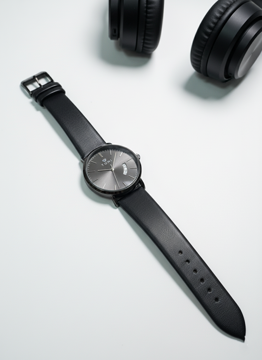 tomi essential round date display leather watch  pakistan