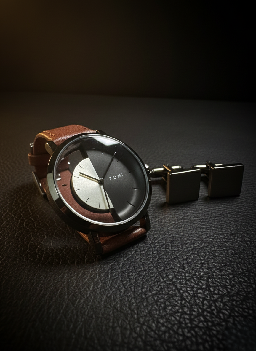 TOMI Dual Contrast Watch – Split Dial with Leather Strap | Timeless Aura Pakistan