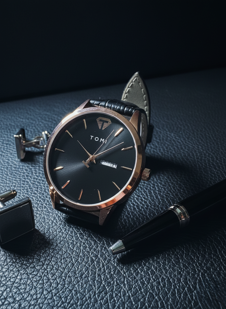 TOMI Classic Sunray Day Date Watch with Leather Strap – Timeless Aura Pakistan