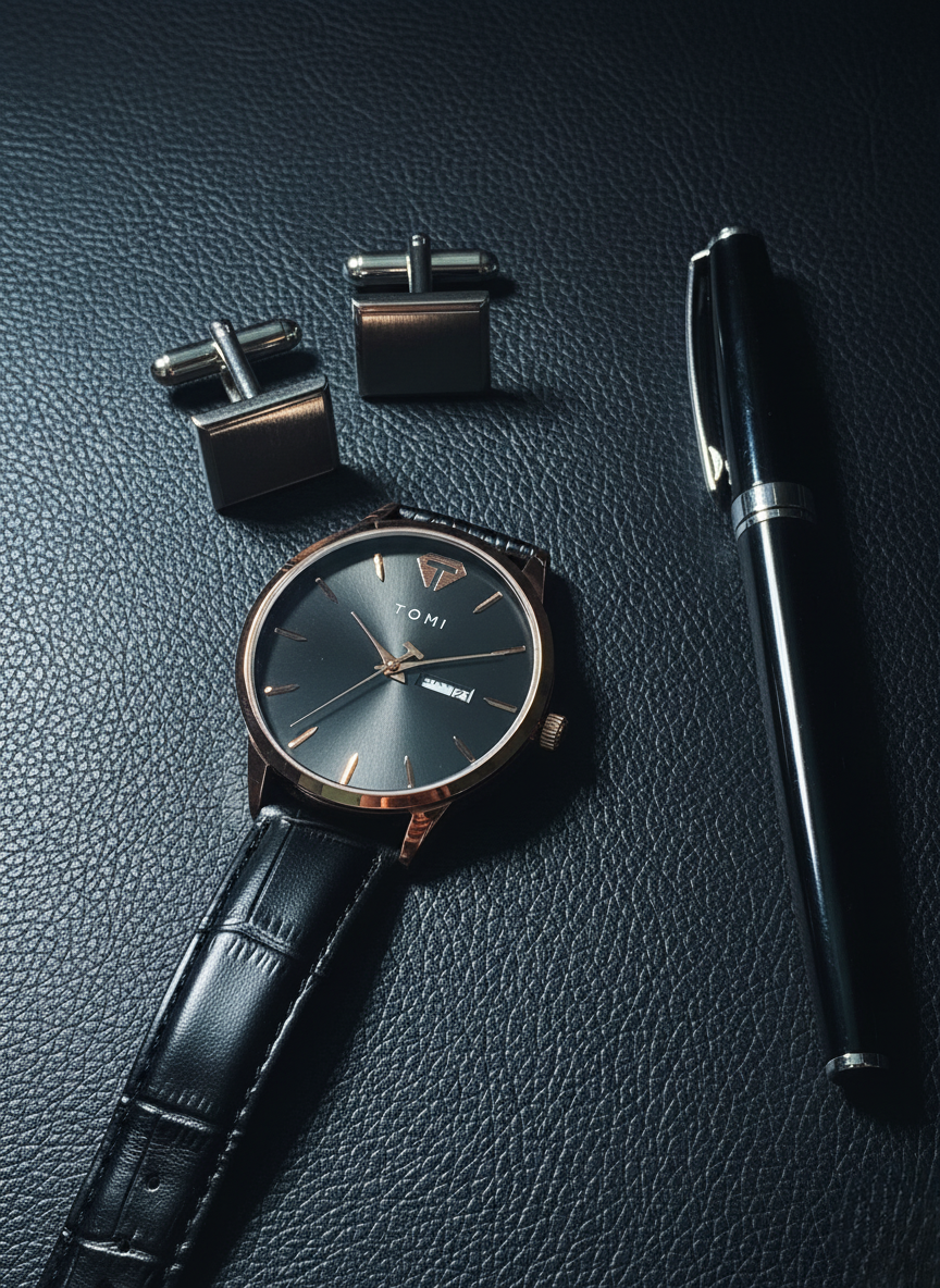 TOMI Classic Sunray Day Date Watch with Leather Strap – Timeless Aura Pakistan