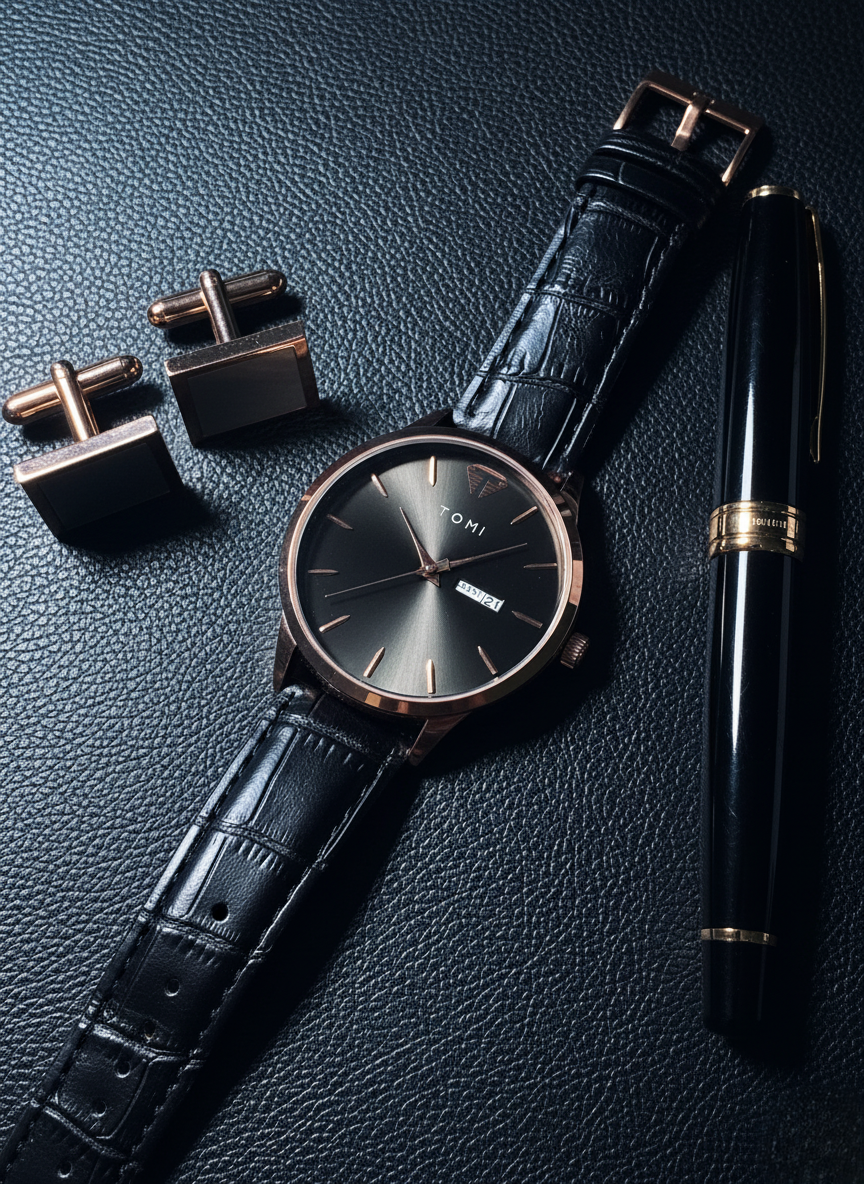 TOMI Classic Sunray Day Date Watch with Leather Strap – Timeless Aura Pakistan