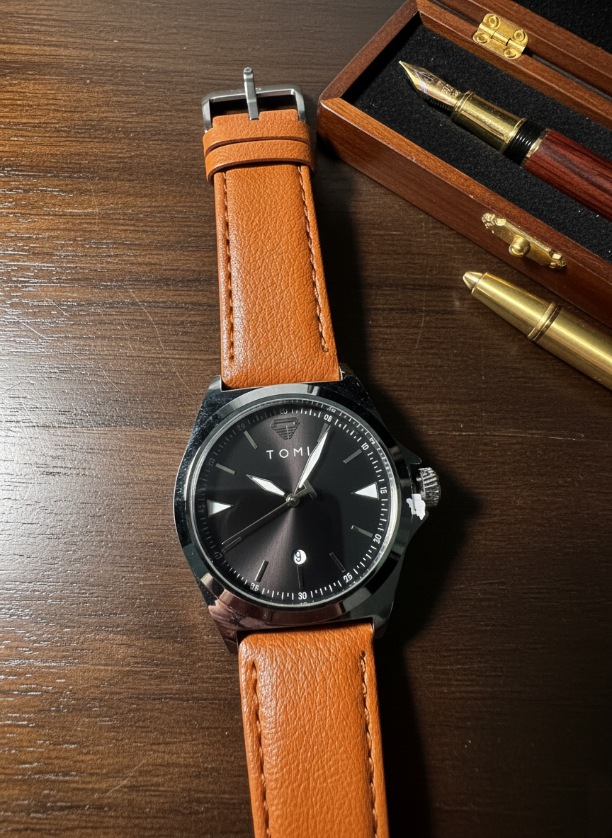 TOMI Everyday Classic Leather Watch with Gradient Dial and Date Display – Timeless Aura Pakistan