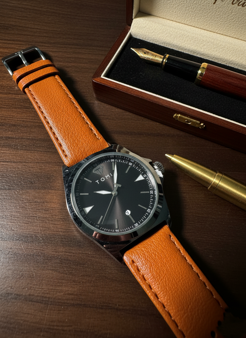 TOMI Everyday Classic Leather Watch with Gradient Dial and Date Display – Timeless Aura Pakistan