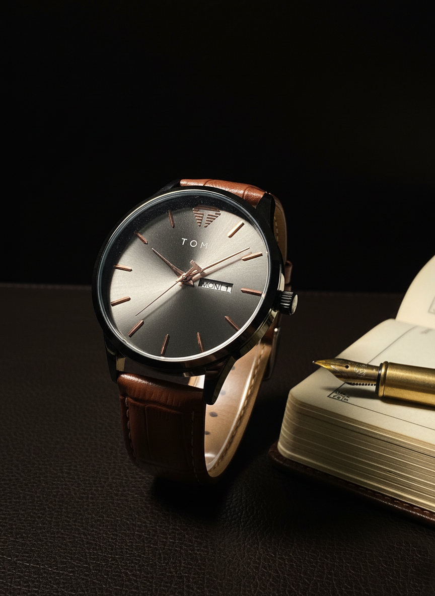 TOMI Classic Sunray Day Date Watch with Leather Strap – Timeless Aura Pakistan