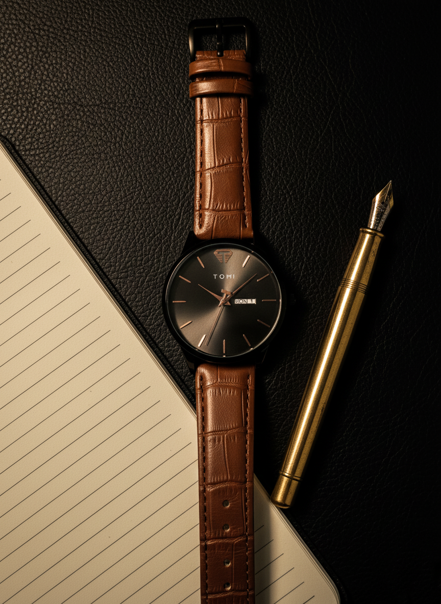 TOMI Classic Sunray Day Date Watch with Leather Strap – Timeless Aura Pakistan