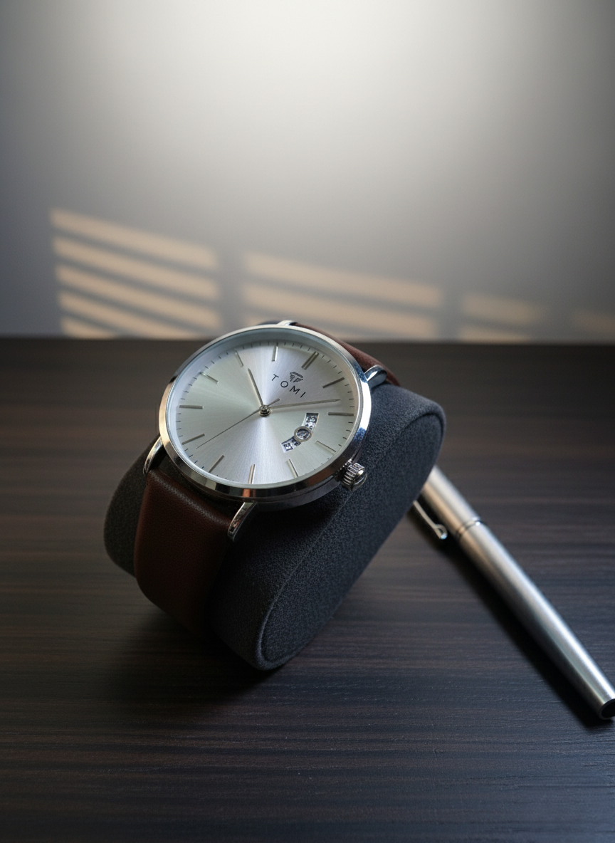 tomi essential round date display leather watch  pakistan